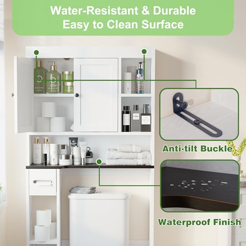 Over The Toilet Storage Cabinet with 7 Shelves, Imitation Walnut Grain Above Toilet Bathroom Organizer with Toilet Paper Holder Stand, Space Saver for Restroom, Laundry, Bathroom (White) - color: White