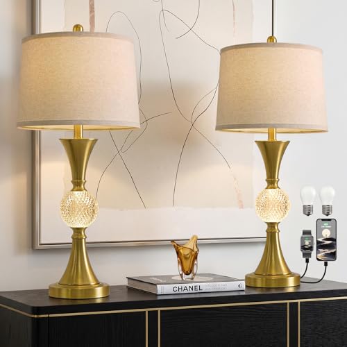 Oneach 28.5" Gold Table Lamps Set of 2, Tall Luxury Bedside Lamps with Night Light, USB A+C Charging Ports, Elegant Metal Nightstand Lamps for Bedroom Office End Table Decoration - color: Brass Gold