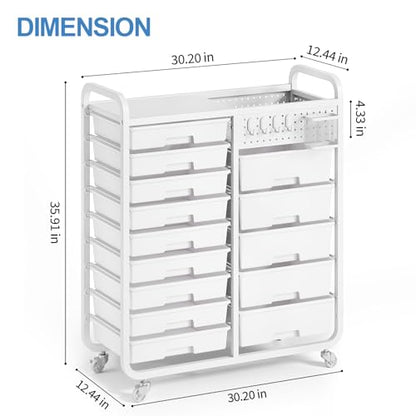 14-Drawers Rolling Storage Cart with Tabletop & Pegboard, Multi-Purpose Utility Organizer Cart for Home, Classroom, Office, Dorm & Bedroom