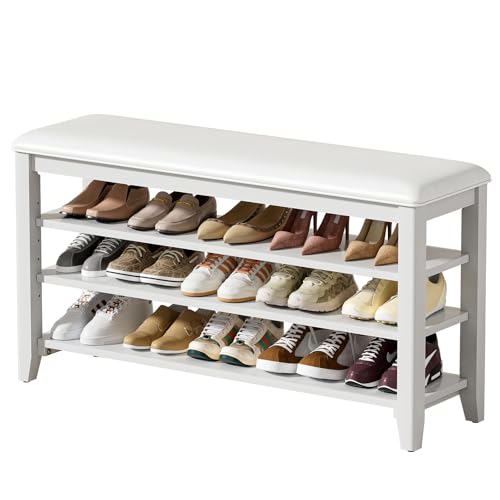 Shoe Rack Bench with 3 Tier Adjustable Shelves Rubberwood Entryway | Hallway organizer, solid wood design, removable shelves, space saving storage, perfect for front doors, family spaces - color: White, size: 39.4''