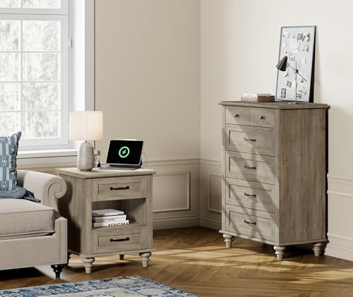 WAMPAT Side Table Nightstand with Charging Station, Farmhouse End Table with Drawer & Shelf for Living Room, Retro Night Stand Light Wood Bedside Table for Bedroom, Grey - color: Grey