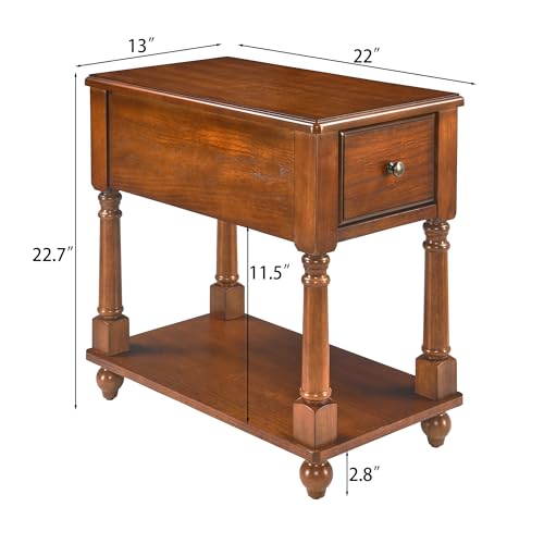 Narrow End Table with Drawer and Storage Shelf, Solid Wood Sofa Side Tables, Slim Beside Table-, Telephone for Small Spaces, Living Room, 22"L x 13"W x 22.7"H No-tools Assembly Caramel Brown BBJ004DR - color: Caramel Brown
