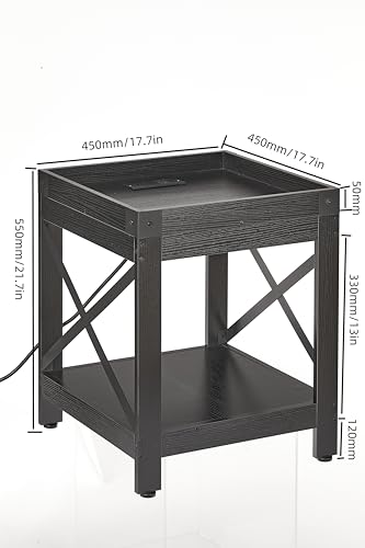 Farmhouse Side Table with Charging Station,2-Tier Square End Table | 2-Tier Shelf Modern Sofa Couch Table Bedside Nightstand With X-Frame for Living Room Bedroom Office Small spaces,Black - color: Black, style: With Outlets