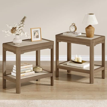 Eclatara Rattan Side Table End Table Farmhouse Boho Nightstand Set of 2 | 2 Tier Rattan Night Stand, Farmhouse Boho Bedside Tables with Ultra-Thick Legs for Bedroom Living Room(Oak,2 Pieces) - color: Caramel Oak, Geometric Edges