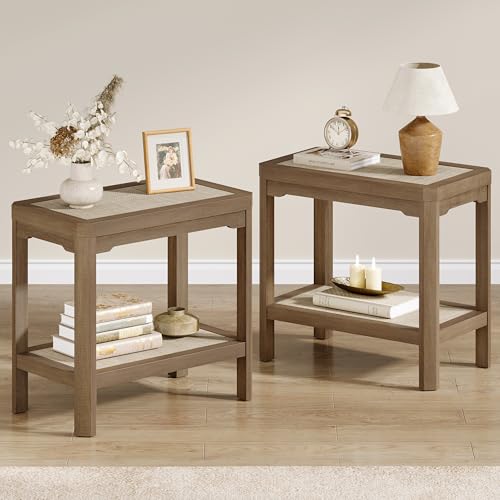 Eclatara Rattan Side Table End Table Farmhouse Boho Nightstand Set of 2 | 2 Tier Rattan Night Stand, Farmhouse Boho Bedside Tables with Ultra-Thick Legs for Bedroom Living Room(Oak,2 Pieces) - color: Caramel Oak, Geometric Edges
