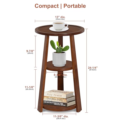 3-Tier Round Side Table, Solid Wood End Table & Nightstand for Small Spaces, Compact Accent Table for Living Room, Bedroom, Office (Red Brown Finish) - color: Red Brown