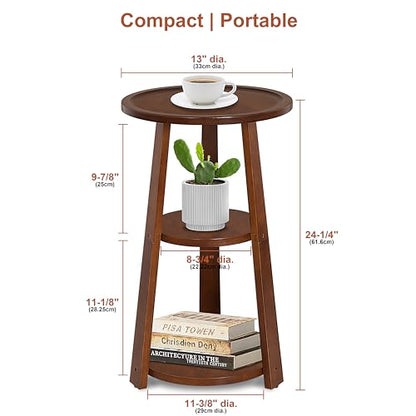 3-Tier Round Side Table, Solid Wood End Table & Nightstand for Small Spaces, Compact Accent Table for Living Room, Bedroom, Office (Red Brown Finish) - color: Red Brown