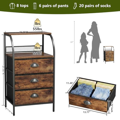 Night Stand Set 2, Tall Nightstand with 3 Fabric Drawers, Bedside Table with 2-Tier Wood Shelf, End Table for Bedroom, Steel Frame, Wood Top, Rustic Brown - color: Brown(3drawer), size: Set of 2
