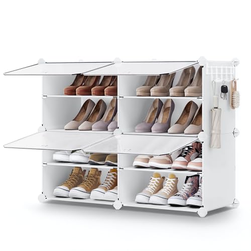 SONGMICS Shoe Rack Organizer, 4-Tier Shoe Storage Cabinet for Closet and Entryway, Holds 16 Pairs of Shoes, Adjustable, Cloud White and Transparent ULPC032W01 - color: Cloud White + Transparent, size: 4 Cubes