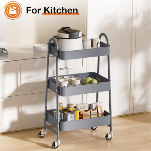 3-Tier Metal Rolling Utility Cart, Small Rolling Cart Kitchen Trolley Bathroom Laundry Room Bar Office Shelves Storage Organizer Shelving Unit with Caster Wheels for Narrow Places, Grey - color: Gray