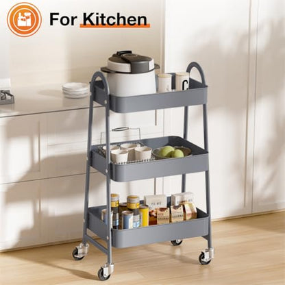 3-Tier Metal Rolling Utility Cart, Small Rolling Cart Kitchen Trolley Bathroom Laundry Room Bar Office Shelves Storage Organizer Shelving Unit with Caster Wheels for Narrow Places, Grey - color: Gray