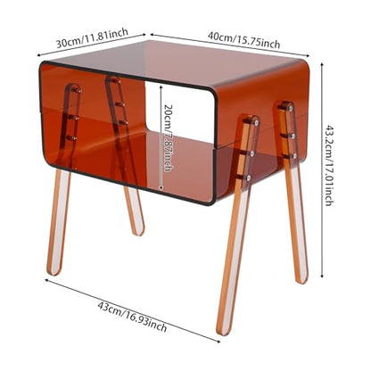 Acrylic Side Table, 2-Tier End Table with Open Storage for Small Spaces, Brown Modern Nightstand for Bedroom, Living Room, Apartment - color: Brown