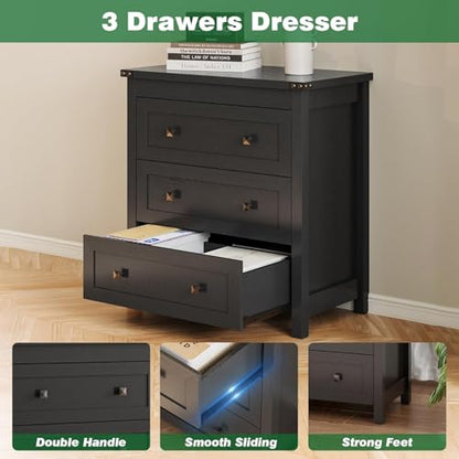 Xixini Farmhouse Nightstand with 3 Storage Drawers, 27.55" Wide Wood Bedside Table, Modern Side Table with Metal Handle, End Table for Bedroom, Black - color: Black