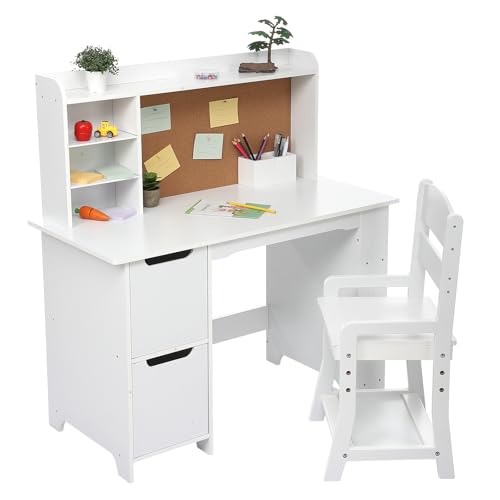 Garvee Kids Desk, Study Desk and Chair Set for Boys and Girl, Wooden Kids Writing Table with Bookshelf, Bulletin Board, and Cabinets for Ages 3-8 - color: Pure White, style: 2 Cabinets