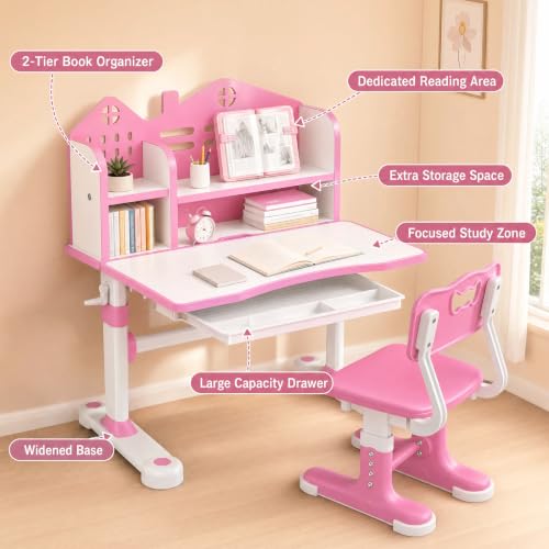 Kids Desk and Chair Set, Height Adjustable Child's School Study Writing Tables, Kids Desk with Bookstand and Storage Drawer, Widened Desktop with Desktop for Boys and Girls (Pink-A-MAX) - color: Pink-a-max