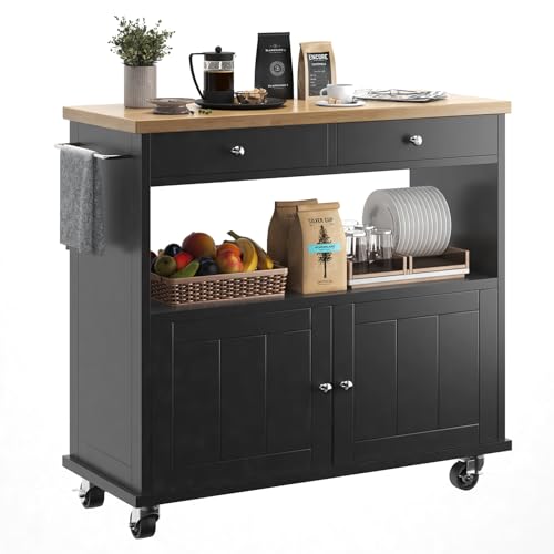 knoworld Rolling Kitchen Island with Storage Cabinet, 35.4'' Width Kitchen Cart, 2 Drawers Island Table, Portable Mobile Kitchen Island with Towel Rack, Wood Top and Lockable Wheels, Black - color: Black, size: NO Drop Leaf