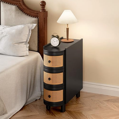 LITTLE TREE Solid Wood End Table, Rattan Narrow Side Table with 3 Drawers | No Assembly Required, Solid Wood Nightstand, Bedside Table for Living Room, Bedroom, Office, Bathroom, Balck - color: Black