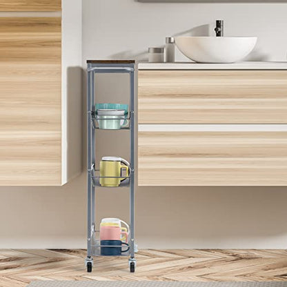 NANANARDOSO 4-Tier Slim Rolling Cart with Wood Top, Narrow Storage Organizer with Wheels & Handle for Kitchen Bathroom Laundry Room, Black, Silver. - size: 4 Tier(Silver)