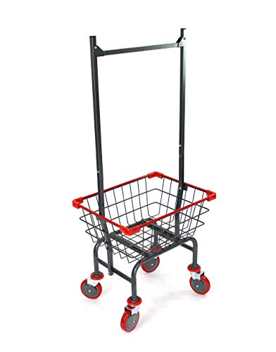 Laundry Cart Grey Powder Coated with Double Pole Rack, 1.5-Bu (Red, Black, Blue Trim) (Red) - color: Red