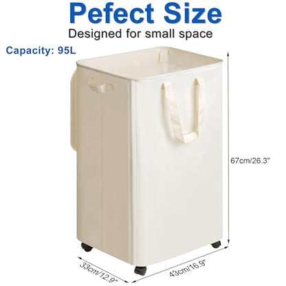 Vincona Slim Laundry Hamper with Lid and Wheels, Small Rolling Laundry Basket with Handle for Small Spaces, Tall Dirty Clothes Hampers for Dorm, Bathroom and Bedroom, 95L, Beige - size: 95L
