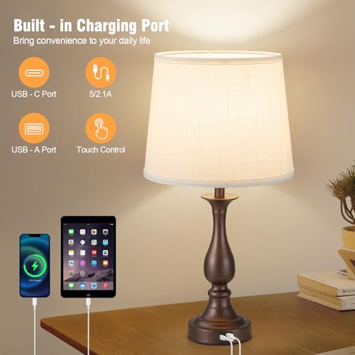 Bedside Table Lamp Touch Control Bedroom Lamps with USB A + C Charging Port 3 Way Dimmable Touch Lamps for Nightstand Living Room Bedroom Dorm Home Office Reading, Set of 2 (White Shade & Brown Base) - color: White Shade & Brown Base