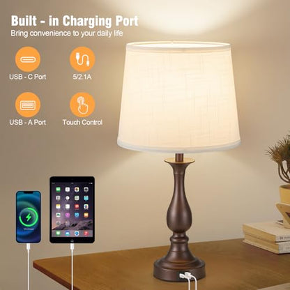 Bedside Table Lamp Touch Control Bedroom Lamps with USB A + C Charging Port 3 Way Dimmable Touch Lamps for Nightstand Living Room Bedroom Dorm Home Office Reading, Set of 2 (White Shade & Brown Base) - color: White Shade & Brown Base