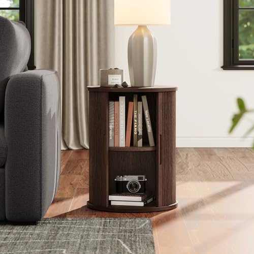 LINSY HOME Round End Table, Fluted Side Table with Sliding Tambour Door and Storage Shelf, Mid Century Modern Circular Nightstand for Bedroom, Wood Boho Tall Bedside Cabinet for Small Space, Walnut - color: Walnut