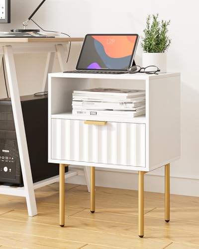 Night Stand,Modern Bedside Table with Drawer and Shelf,White Night Stand with Gold Frame,Small Side Table for Bedroom,Living Room - color: White