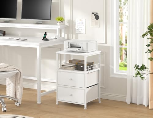 EnHomee 17.8" W Nightstand, End Table with Fabric Drawers and Open Wood Shelf Storage,Safety Netting on 2 Sides of Night Stand, Bedside Table with Metal Frame for Bedroom,Closet, Hallway,Dorm, White - color: White