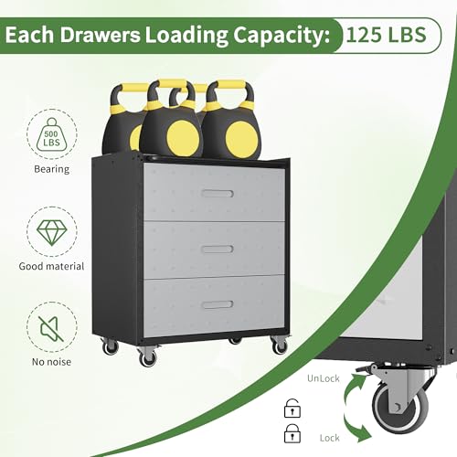 Metal Mobile Tool Storage Cabinet with Wheels,Heavy Duty Rolling Tool Cabinets for Garage,Metal Storage Cabinets with 3 Drawer,Assembly Required - color: Black/Gray, style: 3 drawer with wheels