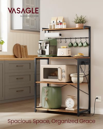 VASAGLE BARNET Collection - Kitchen Bakers Rack with Power Outlet, 31.5-Inch Wide Coffee Bar 4-Tier with 8 S Hooks, Modern Microwave Stand, Adjustable Shelf, Rustic Brown and Ink Black UKKS029KD01 - color: Rustic Brown + Ink Black, size: 31.5"W