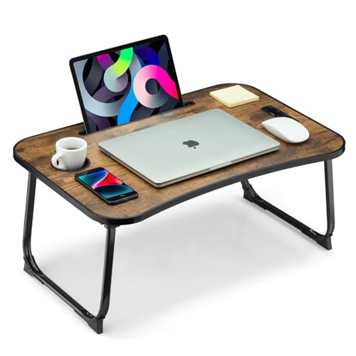 Foldable Lap Desk, Laptop Bed Desk, Portable Lap Table, Laptop Bed Table with Cup Holder & Tablet Slot & Lifting Handle for Working Writing Drawing & Eating - Rustic Brown - color: Rustic Brown
