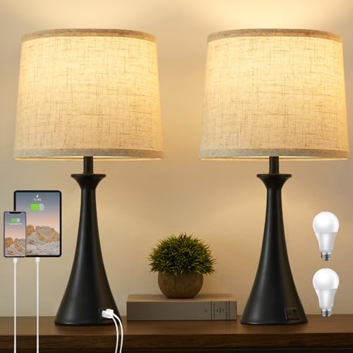 Touch Lamp for Living Room Bedroom, 21" Table Lamps Set of 2 with USB C+A Ports, Touch Bedside Lamps for Nightstand with 3 Way Dimmable, 2 LED Bulbs Included, Black - color: Black 2pcs