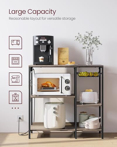 VASAGLE Baker's Rack, Coffee Bar Stand with Charging Station, 35.6 Inches Tall, Storage Shelves, Pull-Out Wire Basket, Table for Microwave, Kitchen, Heather Greige and Ink Black UKKS036K02 - color: Heather Greige + Ink Black, style: With Power Outlet