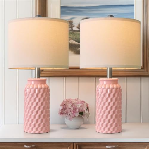 USumkky 20.5" Pink Table Lamps Set of 2,Modern Farmhouse Bedside Lamps - Ceramic Nightstand Lamps for Bedroom,Boho Living Room End Tables,Small Office Desk Lamp - color: 20.5" Pink-2 Pack