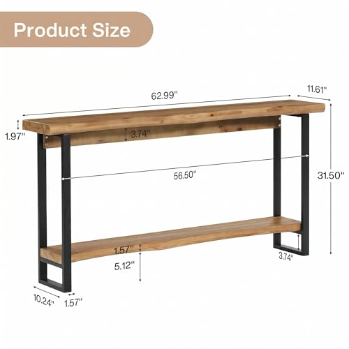Solid Wood Live-Edge Console Table for Entryway, Farmhouse 63-Inch Narrow Long Sofa Table Behind Couch with Unique Shape, Heavy-Duty Metal Legs, Ideal for Foyer, Entrance, Living Room