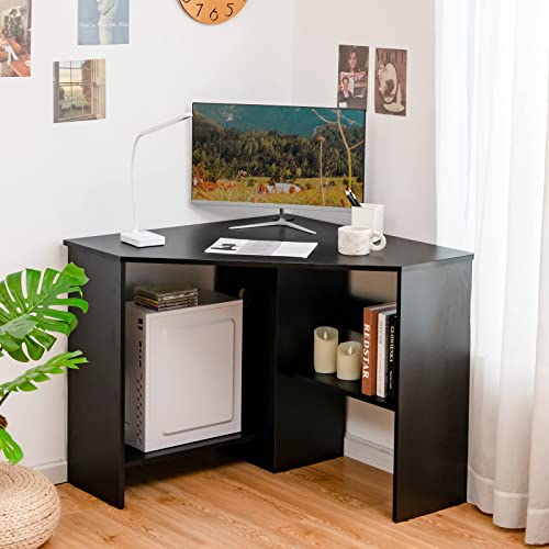 Tangkula Corner Desk, 90 Degrees Triangle Computer Desk for Small Space, Bedroom Corner Makeup Vanity Desk with Storage Shelves & CPU Stand - color: Black