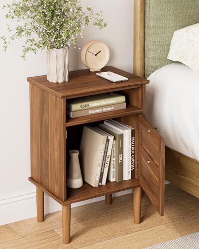 Nightstand, Boho Night Stand with 1 Drawer, Modern Side Accent Table with Open Shelf, Wooden Top Bedside End Table for Bedroom, Living Room, Walnut - color: Walnut