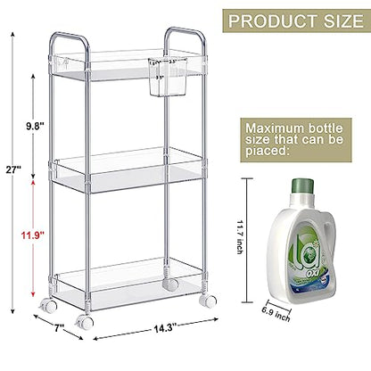 SPACEKEEPER 3 Tier Acrylic Storage Rolling Cart Clear Bathroom Cart Organizer, Transparency Laundry Room Organization Mobile Shelving Unit Multifunction Rolling Utility Cart for Office Living Room - size: 3 Tier