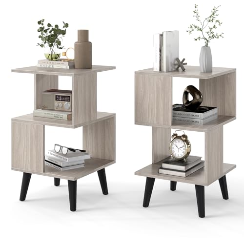 GOFLAME 3-Tier End Table Set of 2, Wood Sofa Side Table with Open Storage Shelves, Plastic Legs, Geometric Bedside Table, Modern Nightstand for Living Room, Bedroom, Small Spaces, Gray