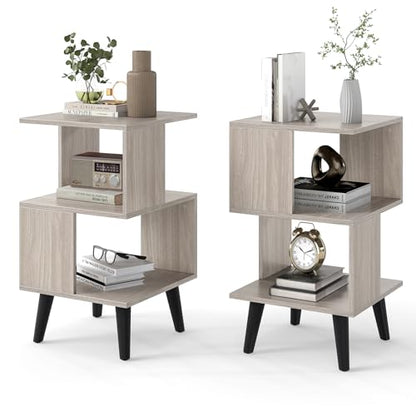 GOFLAME 3-Tier End Table Set of 2, Wood Sofa Side Table with Open Storage Shelves, Plastic Legs, Geometric Bedside Table, Modern Nightstand for Living Room, Bedroom, Small Spaces, Gray