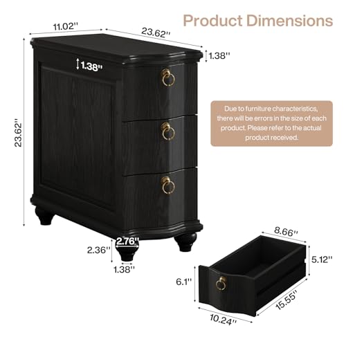 Tribesigns Wood Black End Table Set of 2, 3-Drawers Fully Assembled Narrow Slim Side Table, No Assembly Required, Nightstand for Bedside, Small Spaces, Living Room, Bedroom - color: Black