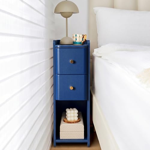 Blue Narrow Nightstand, Wooden Small 2 Drawer Nightstand, Slim Side End Table, Skinny Bedside Table, Mid Century Modern Night Stand with Drawers, for Living Room (Blue-1 pc) - color: Blue-1 Pc