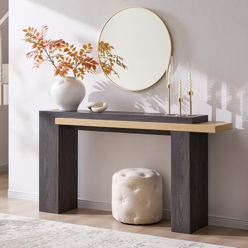 OKD 63" Geometric Console Table with Layered Top, Natural Oak & Dark Alder | Extended Layered Top, Sturdy Support Legs, Entryway, Hallway, Foyer, Living room, Behind Sofa - color: Natural Oak With Dark Alder