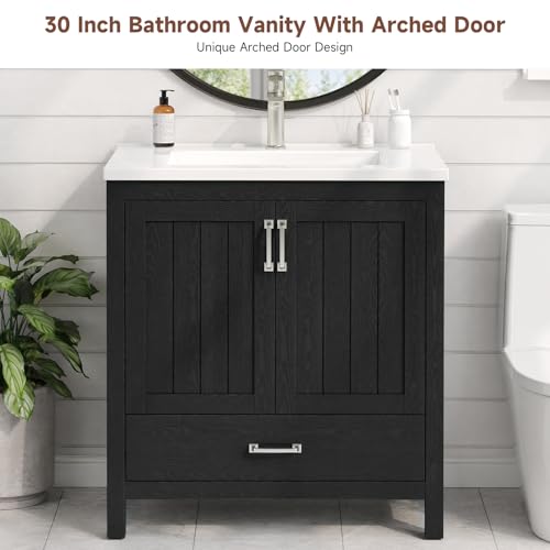 ONBRILL 30'' Bathroom Vanity with Single Sink Combo, Freestanding Bathroom Vanities with Resin Sink & Door Shelf, Farmhouse Storage Cabinet with 2 Soft Closing Door & Drawer (Black) - color: Black