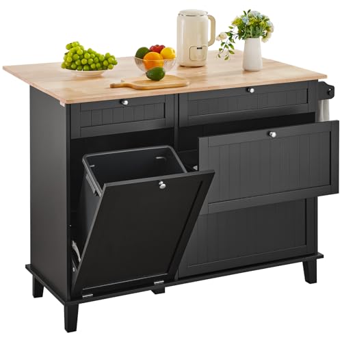 VEVOR Kitchen Island Cart, 50" Wood Top Breakfast Bar with Trash Cabinet Tilt Out 10 Gallon Storage, Farmhouse Dining Living Room Table with Drop Leaf, Towel Bar, Drawer, Black - size: 50"W (dropleaf)