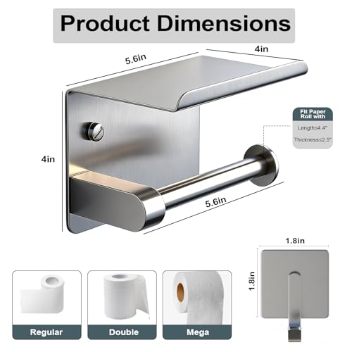 Toilet Paper Holder with Phone Shelf, Tissue Roll Holder with Storage Shelf | Adhesive or Screw Wall Mount Toilet Tissue Roll Holder for Bathroom Washroom, With 5 Stainless Hook, Rustproof, Silver