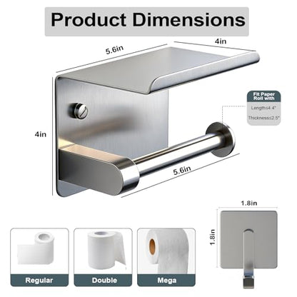 Toilet Paper Holder with Phone Shelf, Tissue Roll Holder with Storage Shelf | Adhesive or Screw Wall Mount Toilet Tissue Roll Holder for Bathroom Washroom, With 5 Stainless Hook, Rustproof, Silver