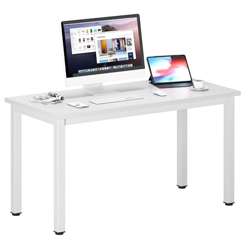 DlandHome 47 inches Medium Computer Desk for Bedroom, White | Decent Steady Home Office Desk, Writing Study Craft Work Table, Sturdy Metal Frame, Adjustable Feet, Compact Modern Design - color: White + White, size: 47 inch
