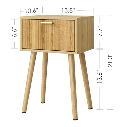 Night Stand Set 2, Oak Nightstand with Fluted Doors, Small Modern Mid-Century Bedside Table for Bedroom, End Table for Living Room - color: Oak